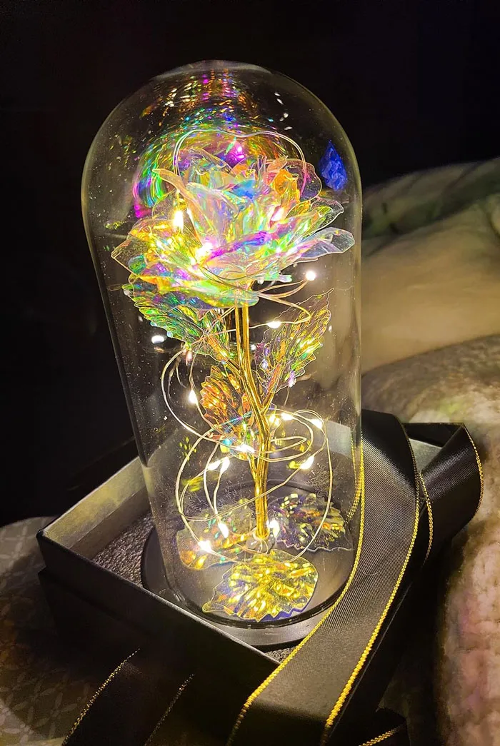 A glowing crystal rose in a glass dome, a unique Valentine's Day gift under $25.