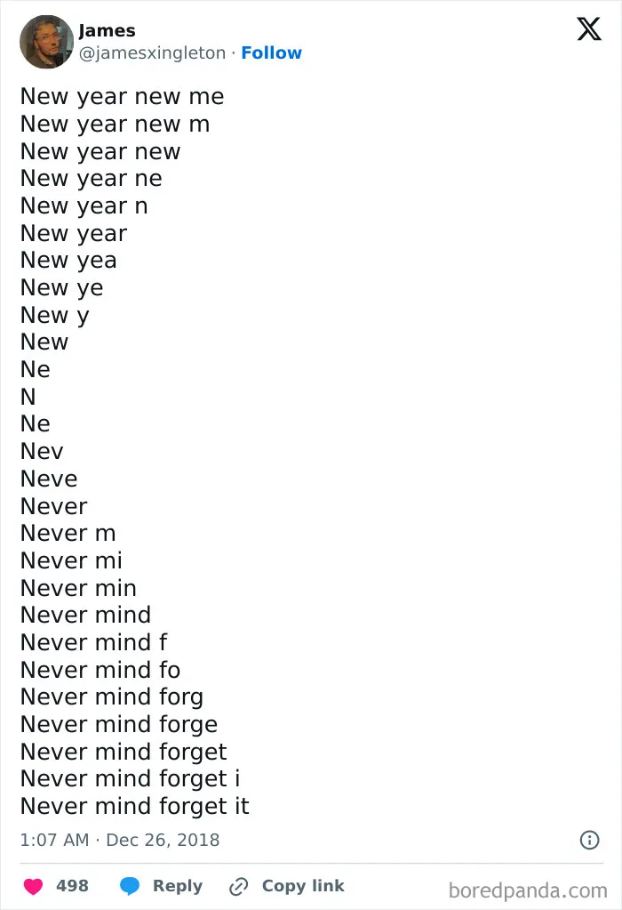 Twitter post showing a humorous tweet about New Year's resolutions gradually changing from motivation to giving up.