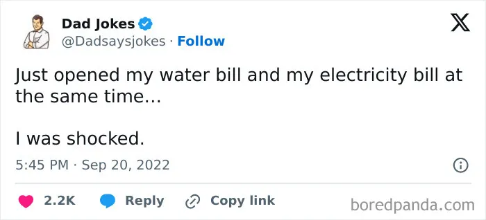 Dad jokes meme about opening a water bill and electricity bill with a humorous punchline.