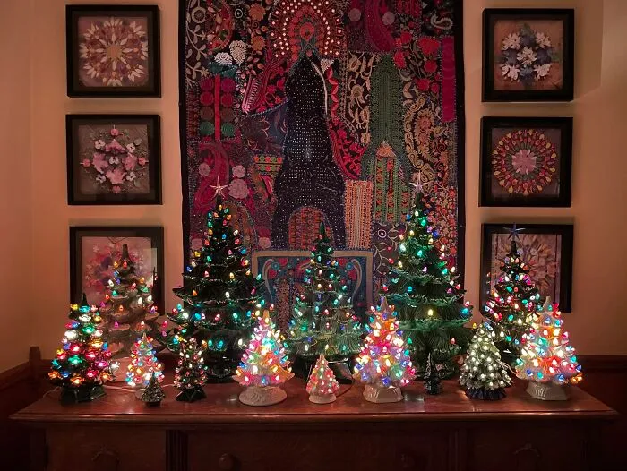 I Love Seeing Everyone’s Collections 🎄🎄🎄✨ Mine Has Changed A Bit Over The Years As I’ve Gifted Trees And Been Given More, This Is The Majority, Though There Are A Few Strays Around The House. ♥️ It All Started With The Large One On The Left That Was Given To My Family When I Was A Little Girl, (Our Neighbors Owned A Ceramics Shop) It’s My Favorite Decoration And Is Always The First To Come Out Of Hiding. Every Tree Here Was Either A Gift Or Thrift. Eventually I’d Love To Find A Large White Tree In The Wild ✨✨