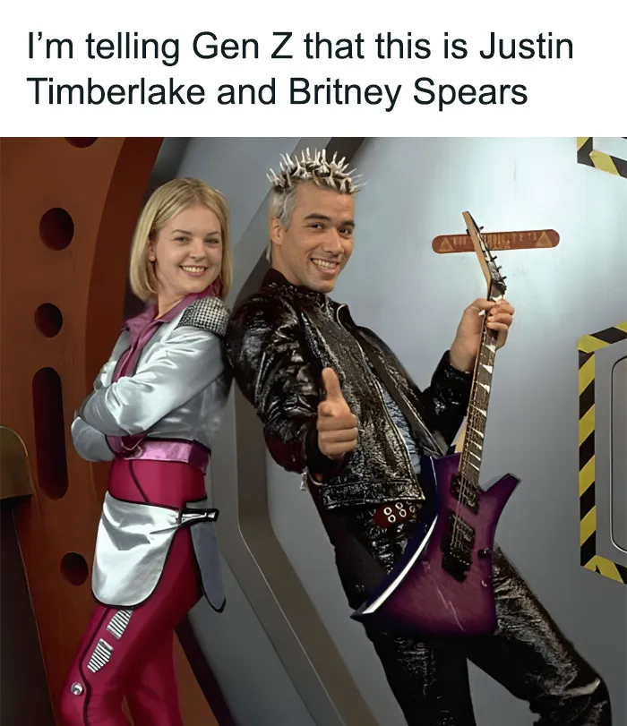 Two people in futuristic outfits with a guitar, humorously representing a 2000s meme.
