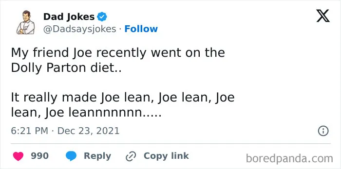 Dad joke about Joe on Dolly Parton diet shared on Twitter, highlighting witty humor with wordplay.
