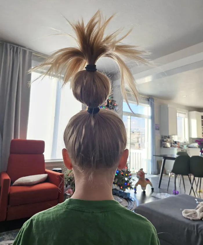 Today Is Grinch Day In My Daughter's Class At School. She's Been Giggling Uncontrollably Since My Wife Did Her Hair