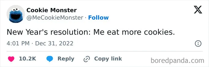 Tweet from Cookie Monster humorously sharing a New Year's resolution about eating more cookies for 2023.