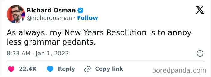 Tweet by Richard Osman humorously about New Year's resolution to annoy fewer grammar pedants, showing popular social media reactions.