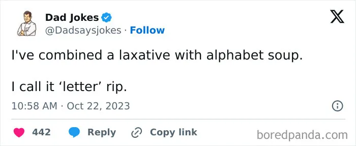Dad joke tweet about laxatives and alphabet soup, humorously titled 'letter rip.'