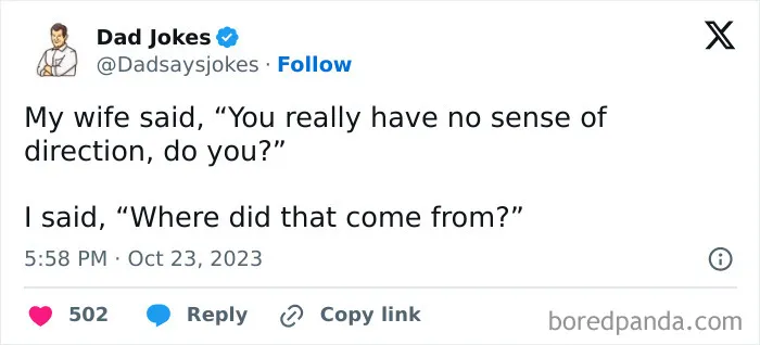Dad joke about lack of direction with a witty punchline, shared by Dad Jokes on social media.