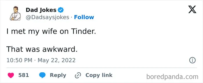 A witty dad joke tweet about meeting a wife on Tinder and it being awkward.