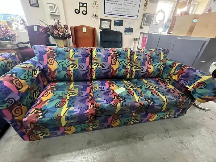 My Biggest Thrifting Treasure Yet 🫀🌈 Found At Habitat For Humanity. I’m In Love. I Still Have Three More Months Before Finishing My Master’s And Moving Out Of Student Housing, But It Will Live In My Childhood Bedroom Until Then As A Reminder To Push Through The Rest Of Grad School So I Can Enjoy It 💛 Edit To Add: The Brand Is Dyrlund. I Believe It’s From The 60’s But It Does Look Very 80’s! A Little Over $200 For The Couch And Loveseat Combined Made For A Pretty Great Deal
