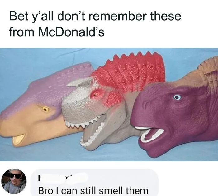 Dinosaur toys from the 2000s in a nostalgic meme about McDonald's, featuring colorful dino heads and text overlay.