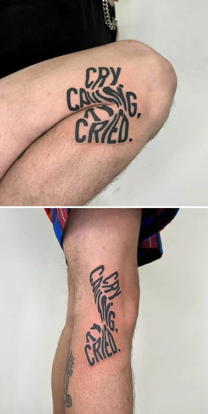 Creative tattoo with hidden meaning reading "Cry, Crying, Cried" on a person's leg.