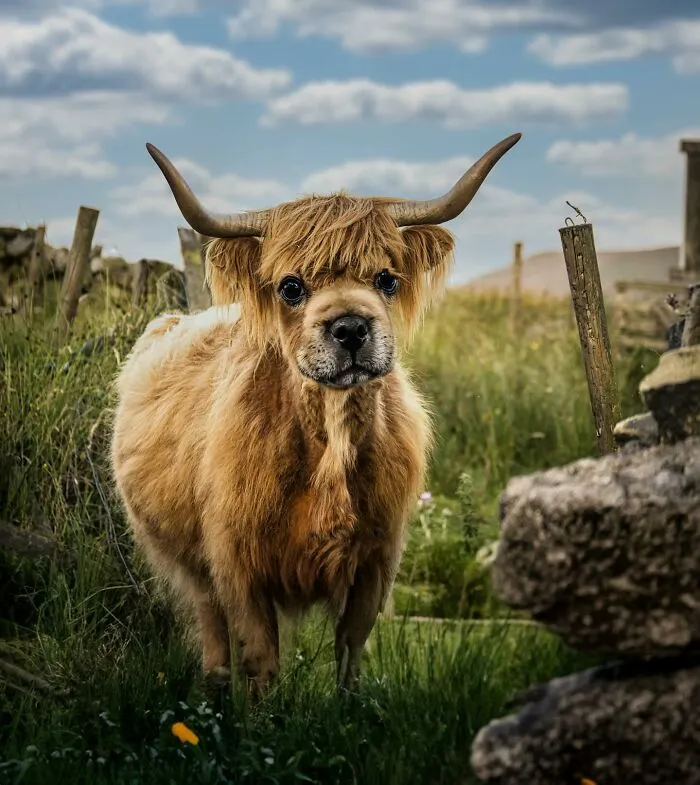 Imaginary creature blending a highland cow with a dog, standing in a grassy field.