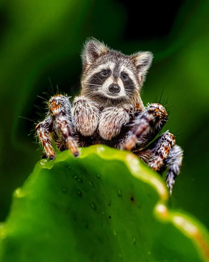 Imaginary creature with a raccoon head and spider body perched on a green leaf.