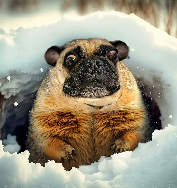 Imaginary creature with a pug face and furry body in the snow.