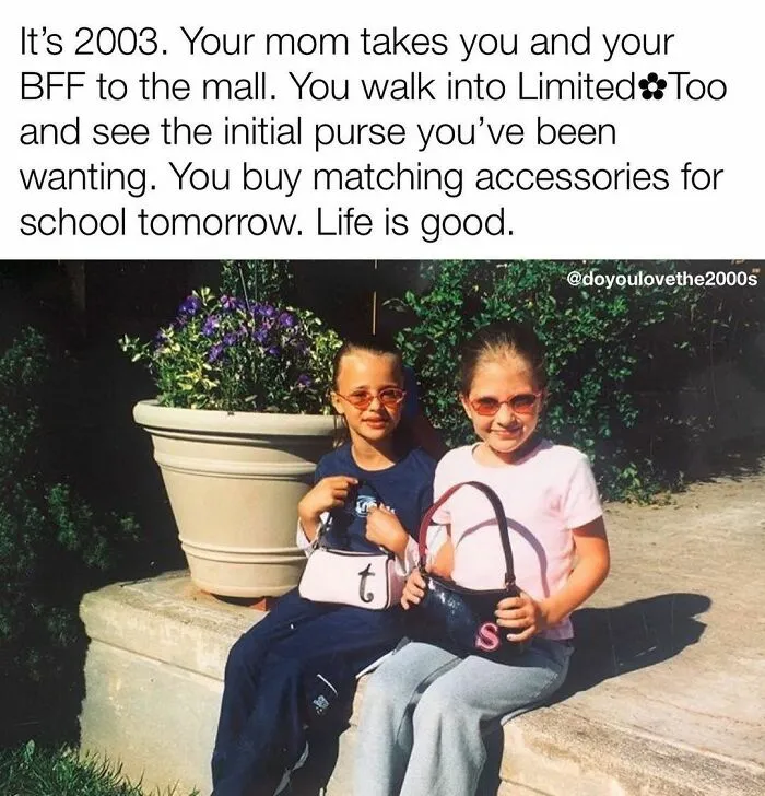 Two kids in sunglasses sit happily with initial purses, embodying the nostalgic fashion of the 2000s.