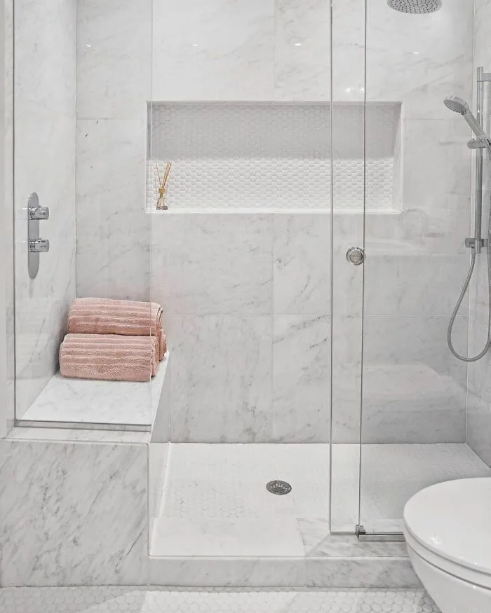 White Calacatta Marble Walk-In Shower
