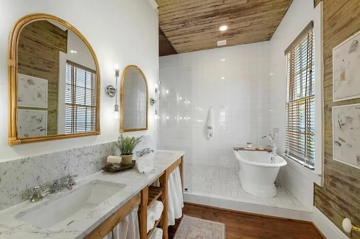 Farmhouse-Inspired Walk-In Shower With Bathtub