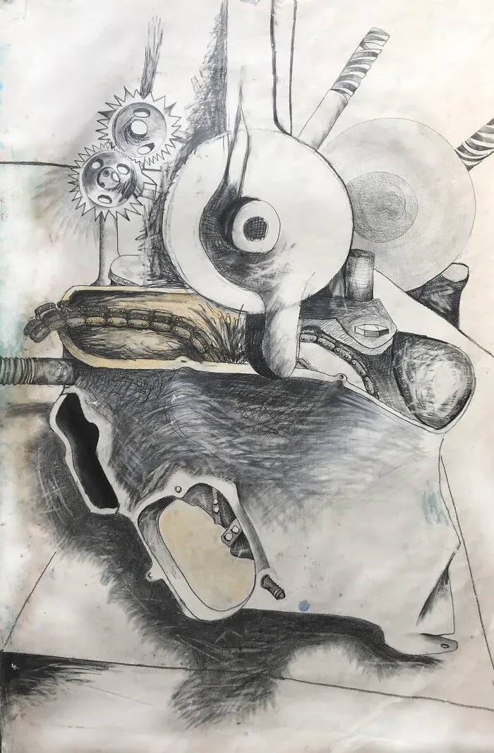 Cogs 1981.  Version 2, 2020. Graphite And Wash On Paper