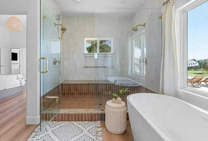 Timeless Walk-In Shower With Terracotta Floor Tiles