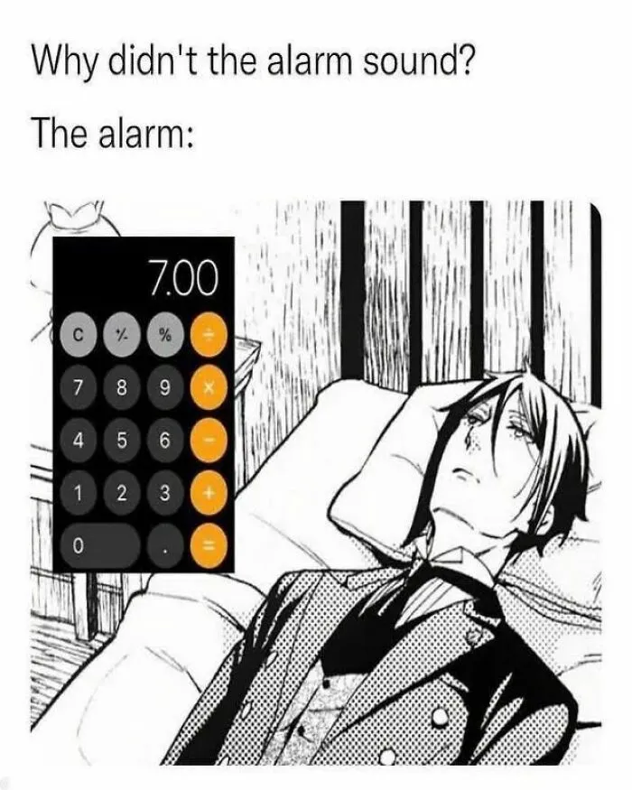 Cartoon character in bed, with phone displaying calculator instead of alarm; introvert meme humor.
