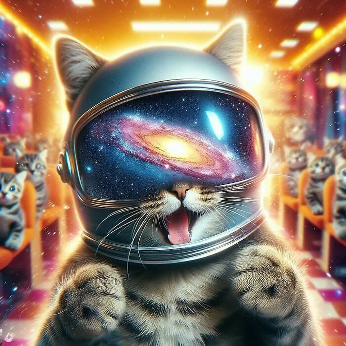 A Close-Up Photo Of An Cat Doing Crazy Tricks In A Room Of Crazy Cats , As If The Galaxy Is Inside Of It, Putting On Their Helmet, But You Can't See Their Face Because Of The Visor, Realistic, Film Stock, Bright Colors