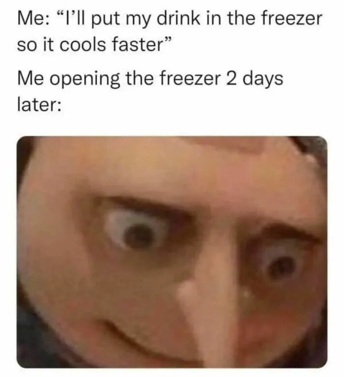 Gru meme about forgetting a drink in the freezer, illustrating a humorous introvert scenario.