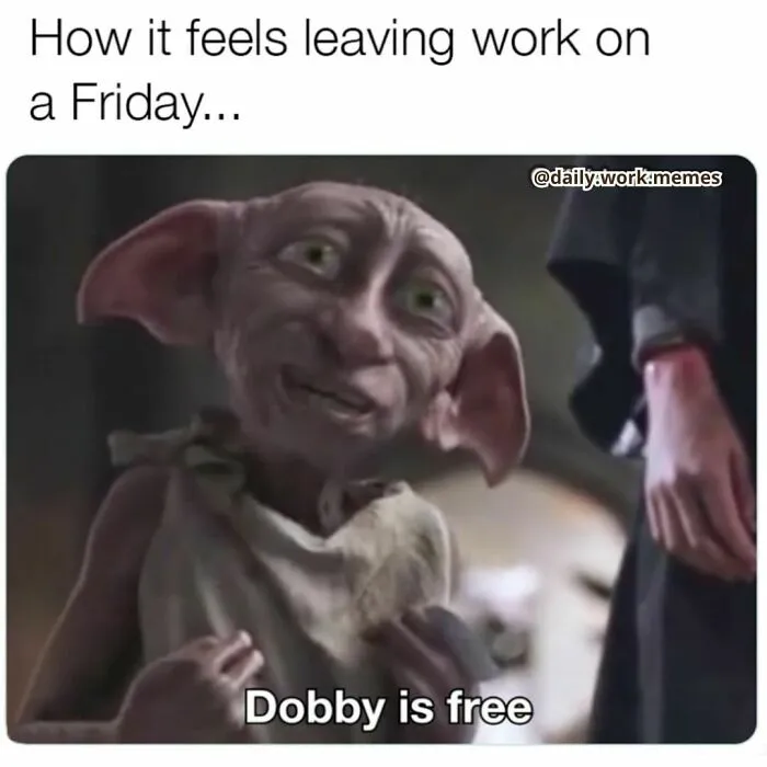 Dobby feeling free in a humorous work day meme.