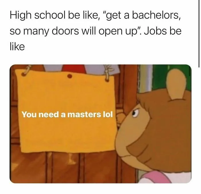 A funny introvert meme shows a cartoon character reading a sign saying "You need a masters lol," highlighting job expectations.