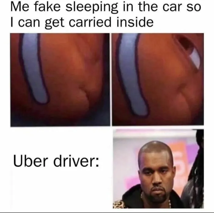 Introvert meme featuring a cartoon character pretending to sleep and a driver looking unimpressed.