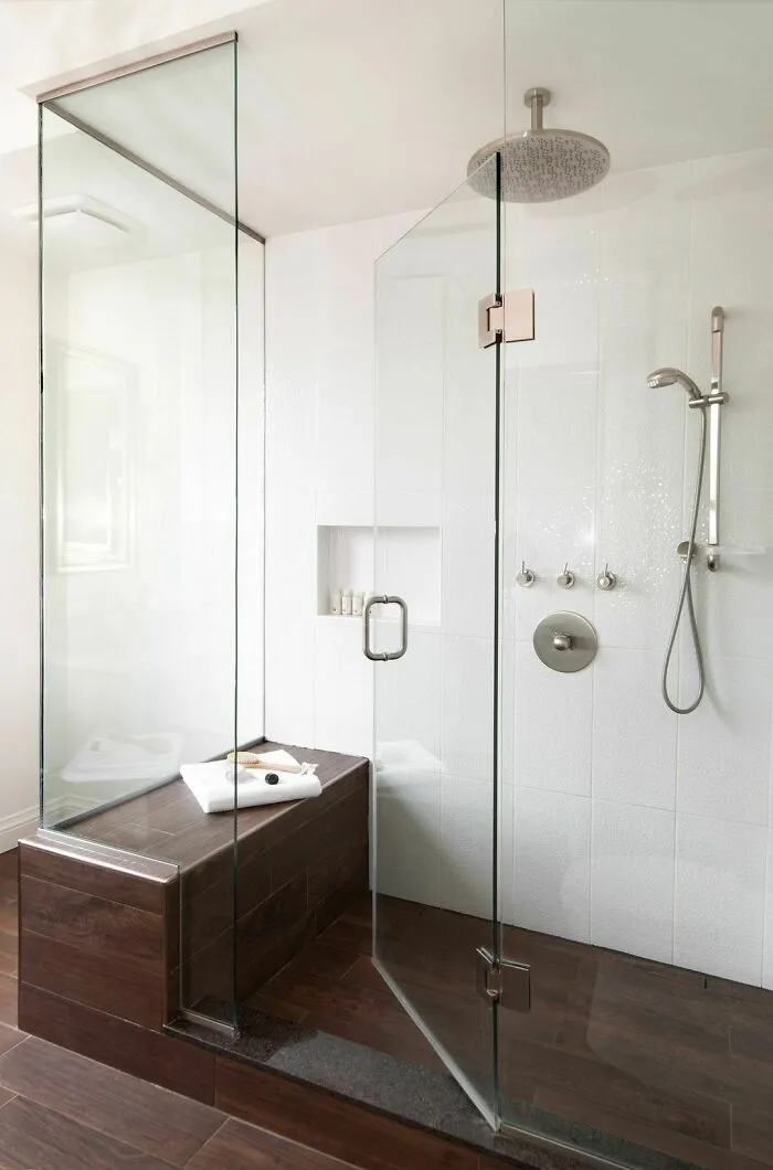 White and brown colored walk-in shower 