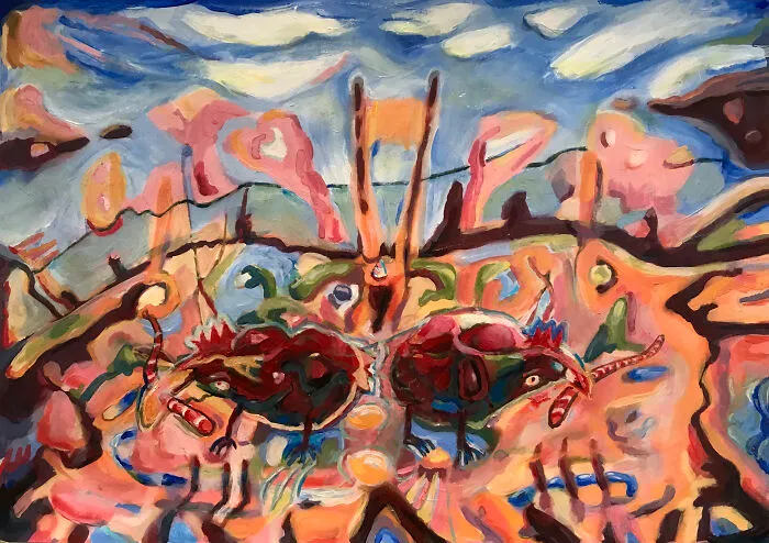 Fertility Cycle. Chickens Turning Scraps Into Eggs. 2023. Acrylic