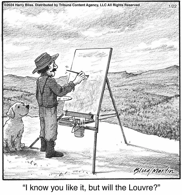 A clever one-panel comic by Harry Bliss showing an artist painting outdoors with his dog beside him.