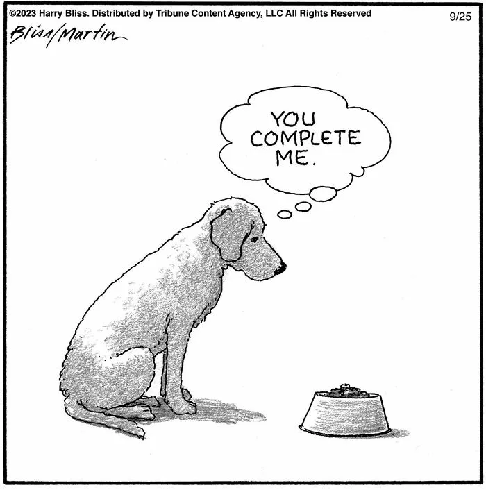 A clever one-panel comic by Harry Bliss with a dog gazing at its food bowl, thinking, You complete me.