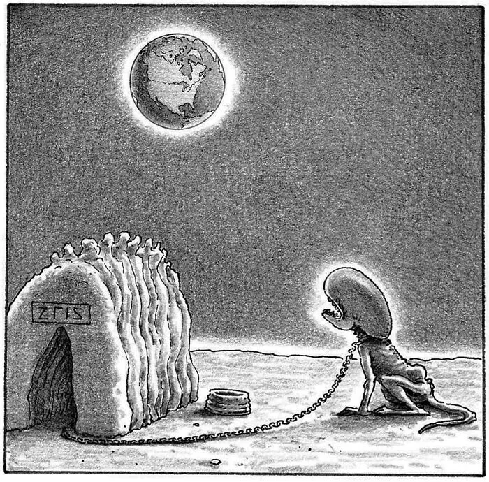Harry Bliss one-panel comic depicting an alien on a leash on a moon-like surface, looking towards Earth with a 'Zoos' sign.
