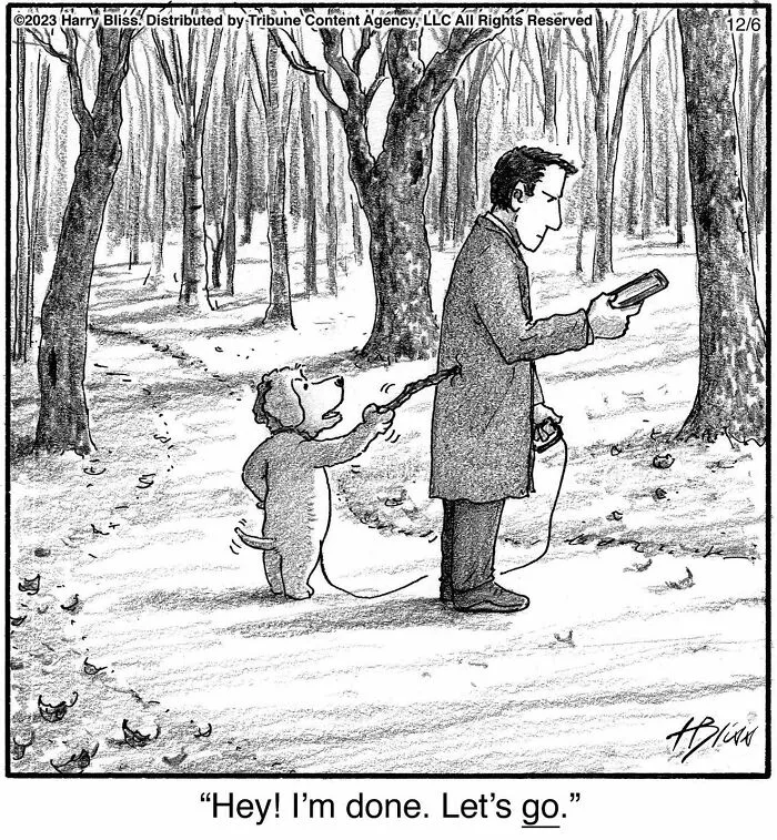 Clever one-panel comic by Harry Bliss showing a dog walking a man on a leash, prodding him with a stick.