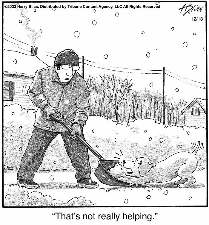 A Harry Bliss one-panel comic features a person shoveling snow with a dog playfully blocking the shovel.