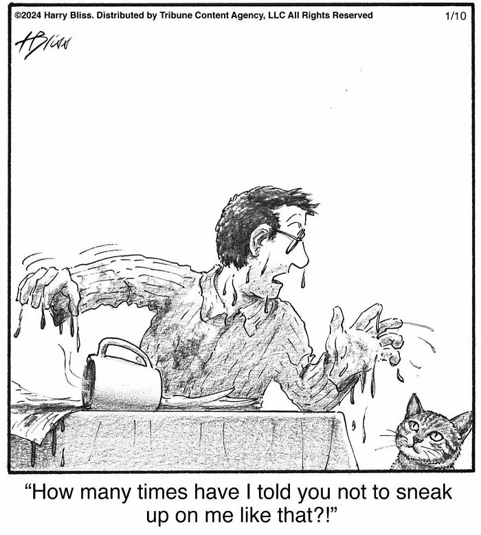 A clever one-panel comic by Harry Bliss depicts a man startled and covered in liquid by a sneaking cat.