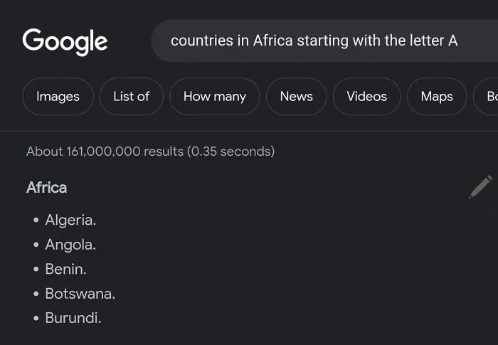 At Least Google Has Heard Of Algeria, Angola, Avening  Abotswana, And Aburundi, Though!