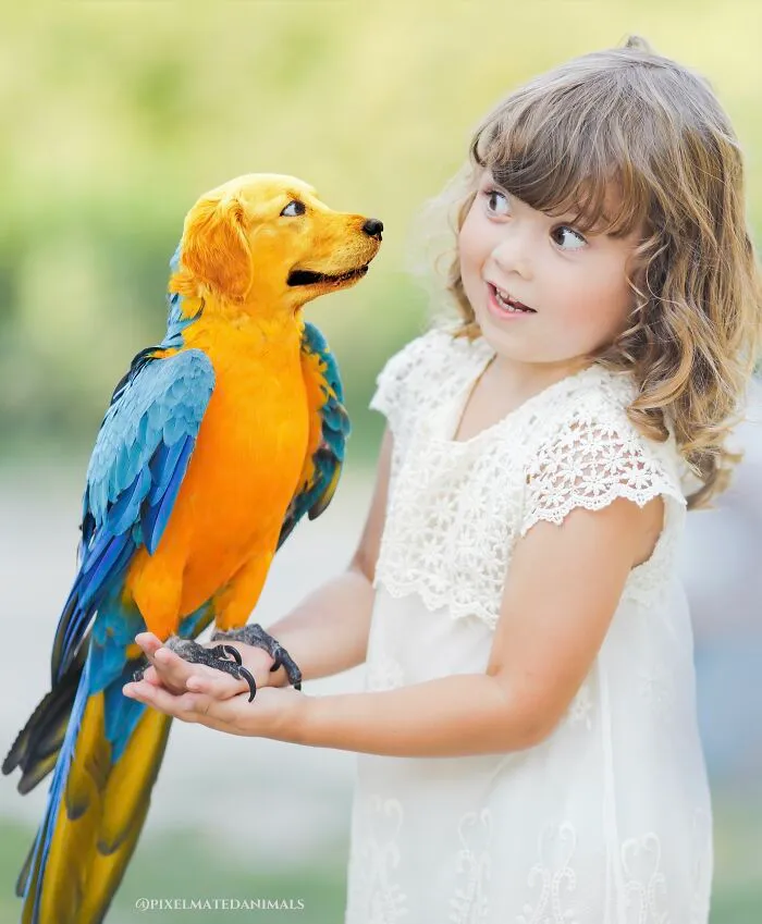 A girl holding an imaginary creature with a dog's head and a parrot's body, looking surprised.