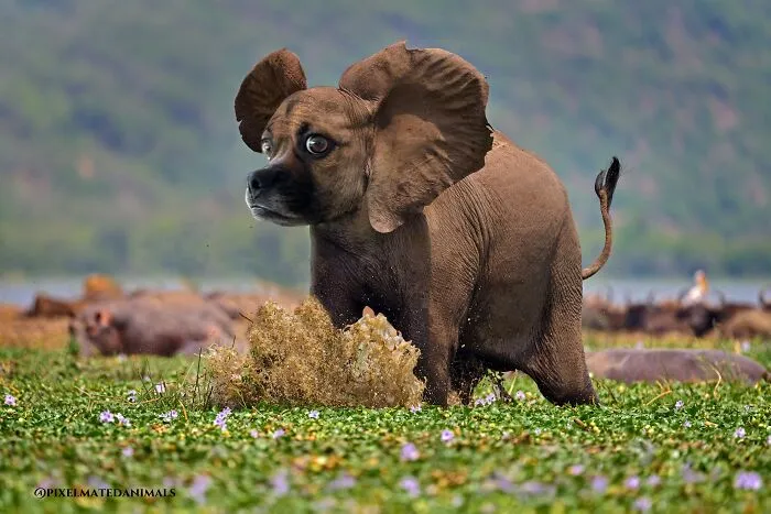 Imaginary creature, a photoshopped dog-elephant hybrid standing on grassy plain.