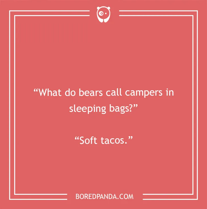 Camping joke: What do bears call campers in sleeping bags? Soft tacos. A wild ride of camping jokes.