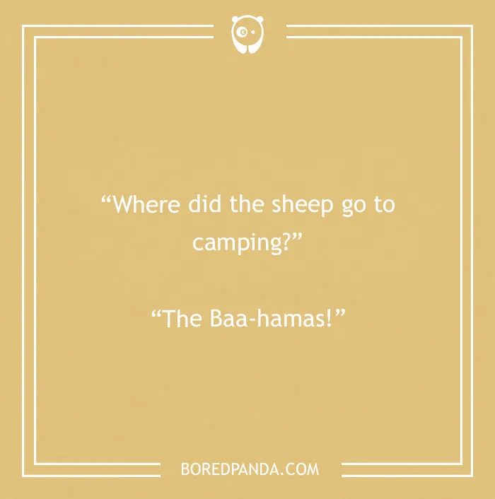 A yellow background with white text, a punny camping joke about sheep going to The Baa-hamas.