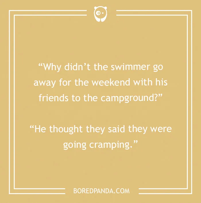 A camping joke about a swimmer avoiding a campground due to a misunderstanding, on a yellow background.