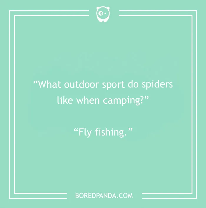 A camping joke about spiders liking fly fishing while camping, on a teal background.