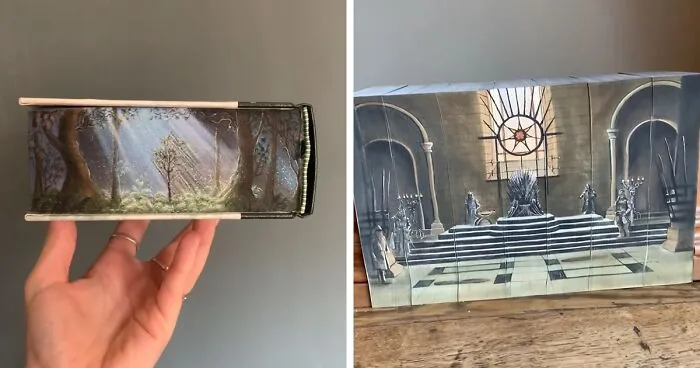 30 Magical Drawings On The Edges Of Popular Books Featuring Famous Scenes Done By This Artist