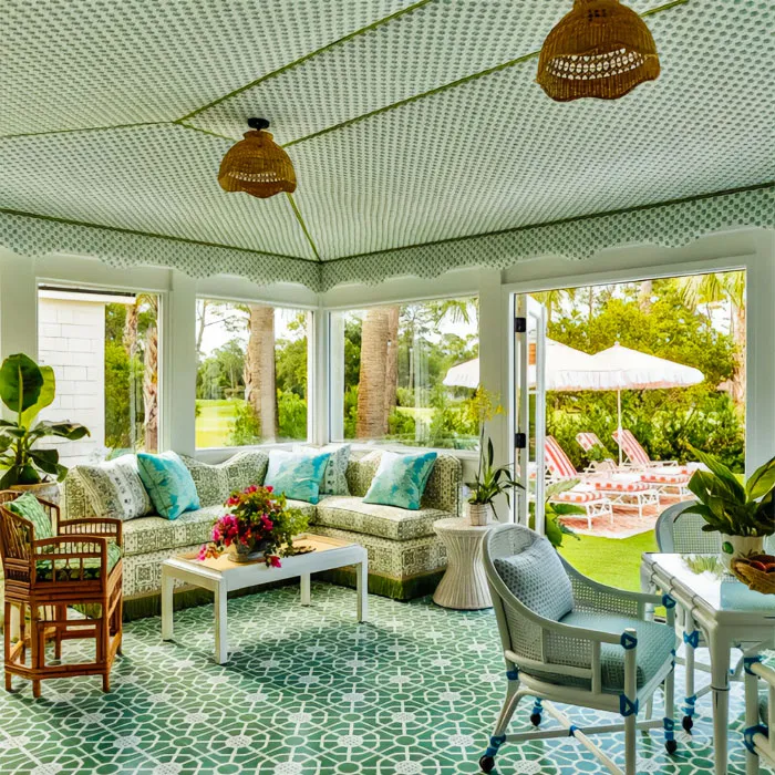 House porch with green decorations and furniture