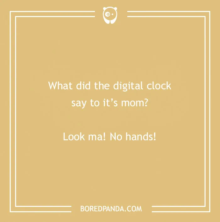 Digital clock joke on a beige background, featuring a humorous text for adults.