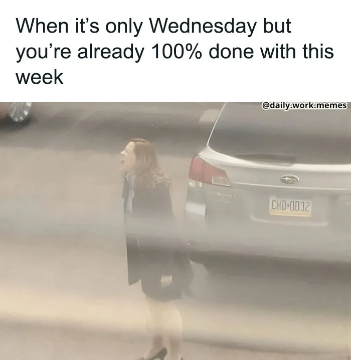 A woman frustratedly stands by a car, perfectly illustrating relatable workday memes.