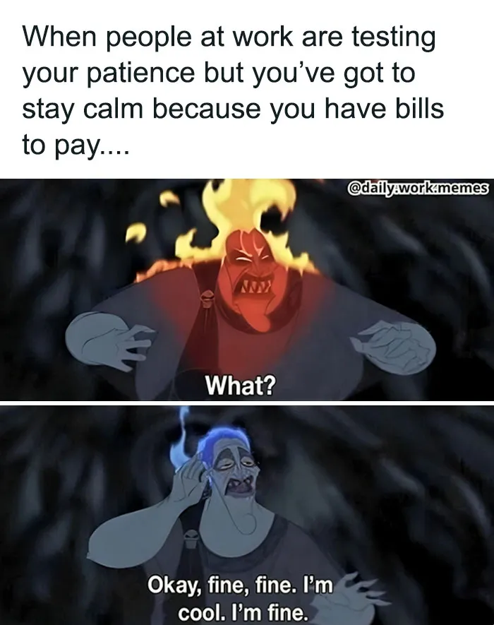 Cartoon character experiencing frustration, then calming down, illustrating funny work day memes.