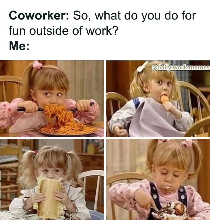 Child humorously eating various foods, representing funny and relatable work memes.